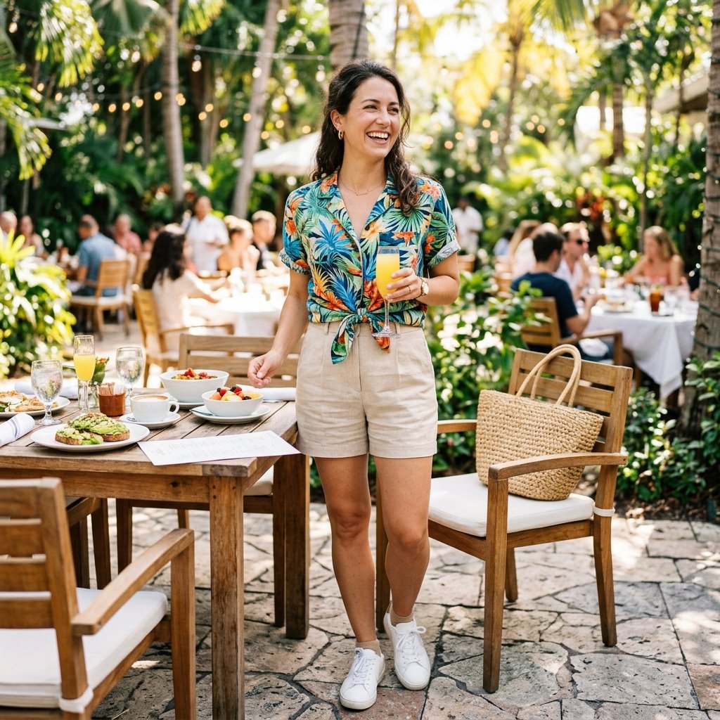 Printed Shirt and Tailored Shorts Brunch Outfits Ideas