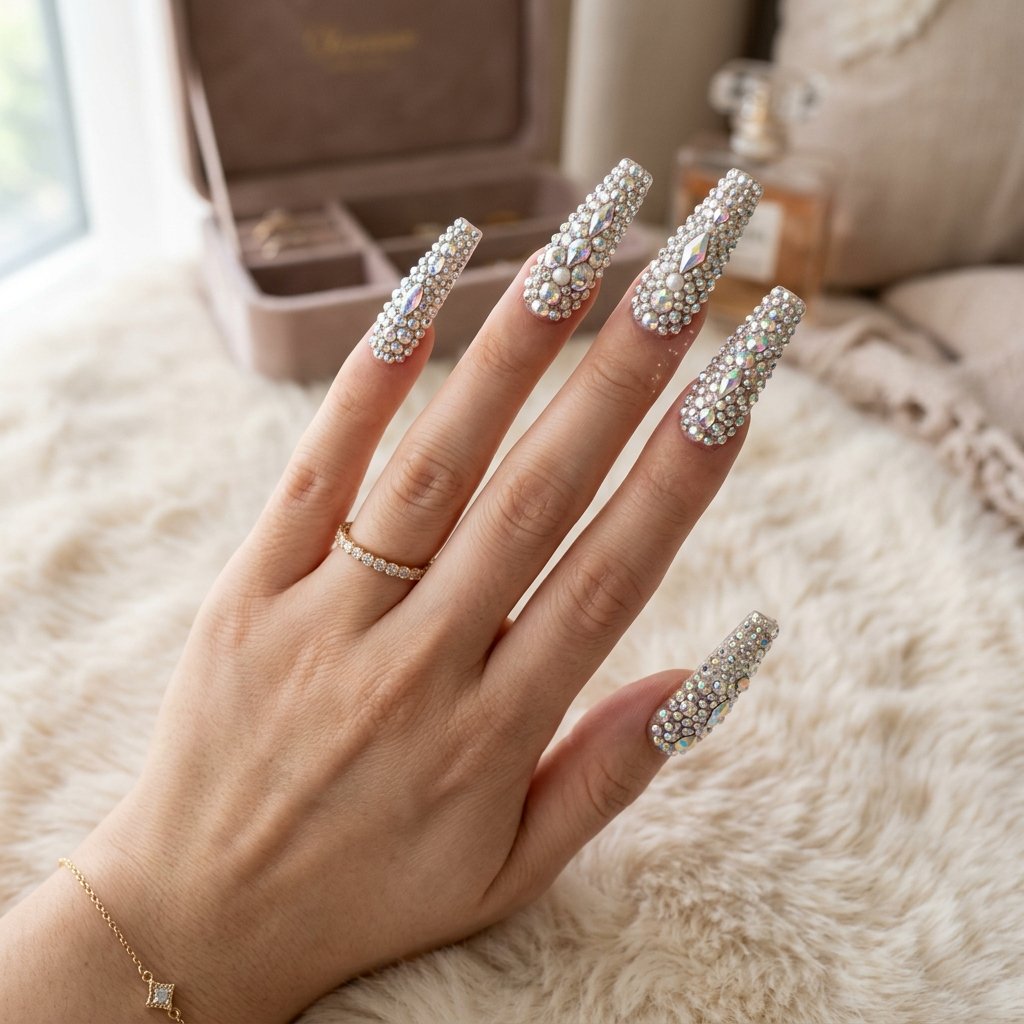 Rhinestone Nails Long