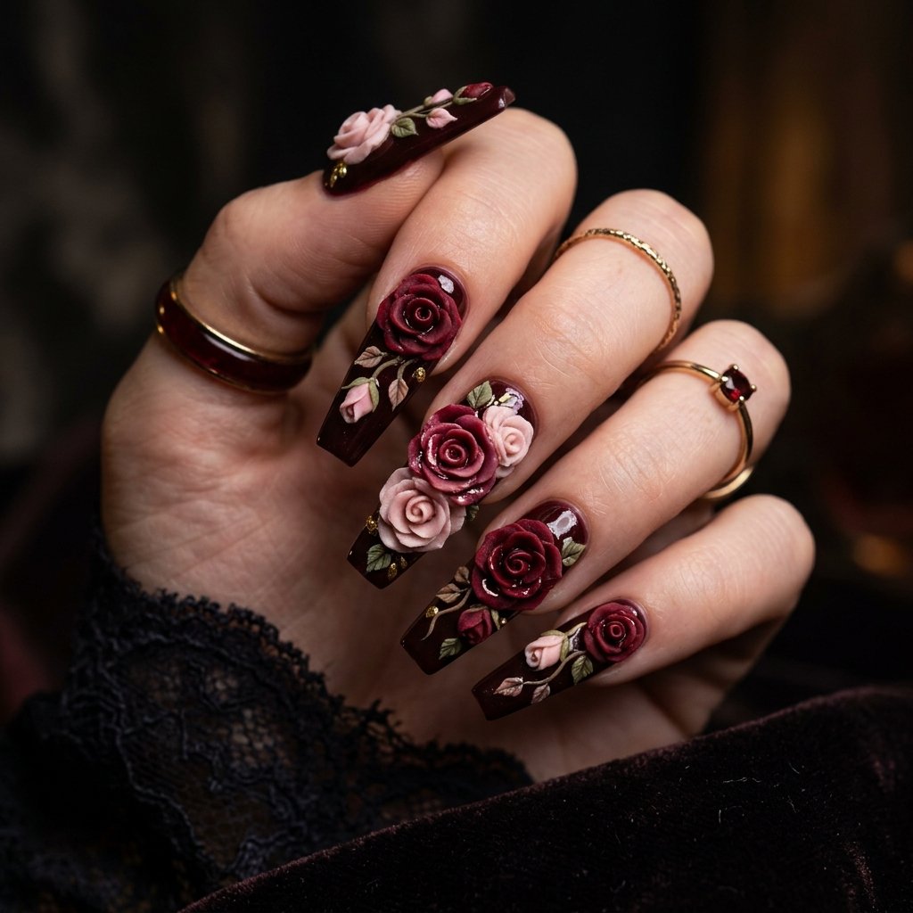 The Most Beautiful 30 Nails 3D Ideas to Try Right Now 11 Rose Sculpted Nails 3D Ideas