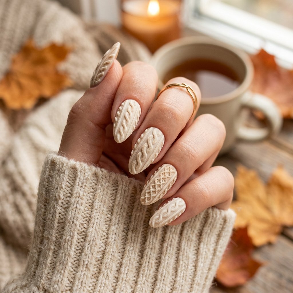 Sweater Texture Fall Nails Almond Ideas