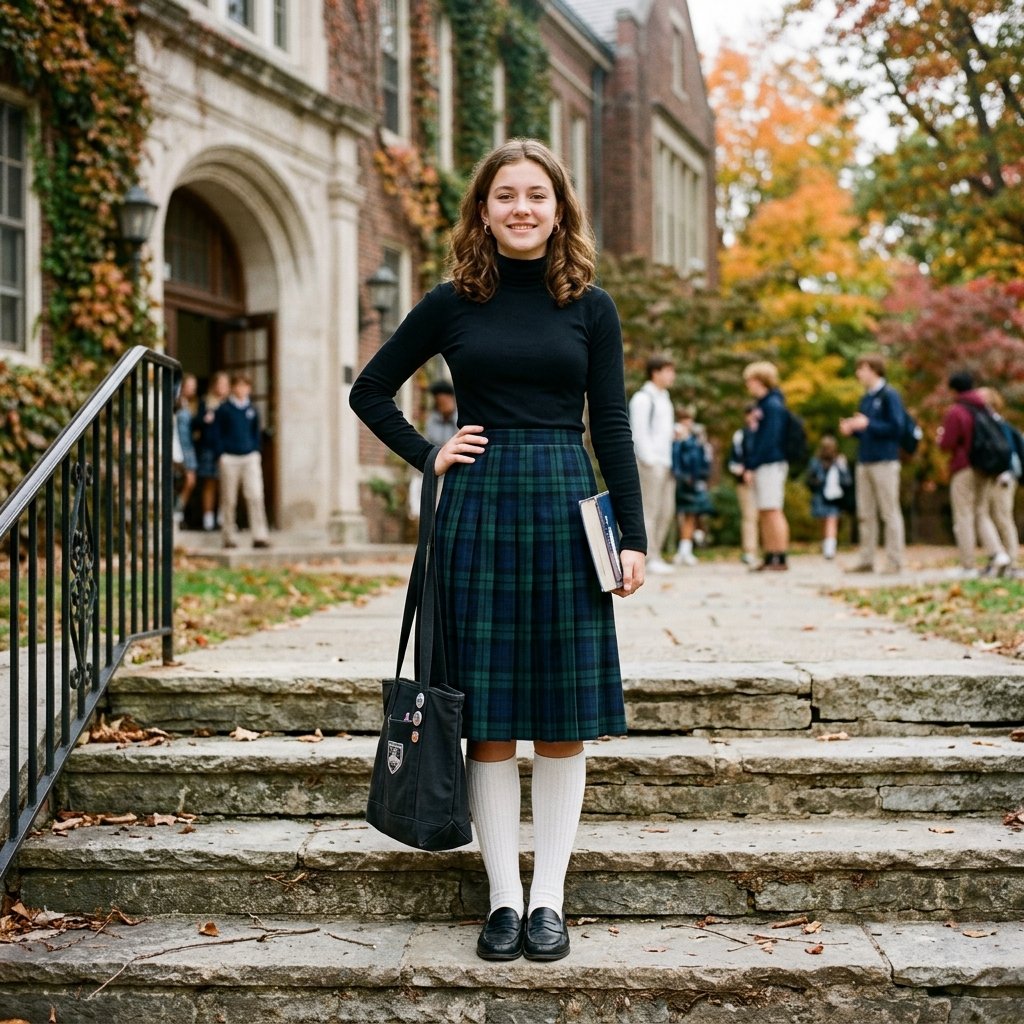 Turtleneck and Plaid Skirt Outfit Ideas for School Winter