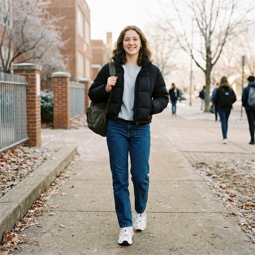 Puffer Jacket and Jeans Outfit Ideas for School Winter