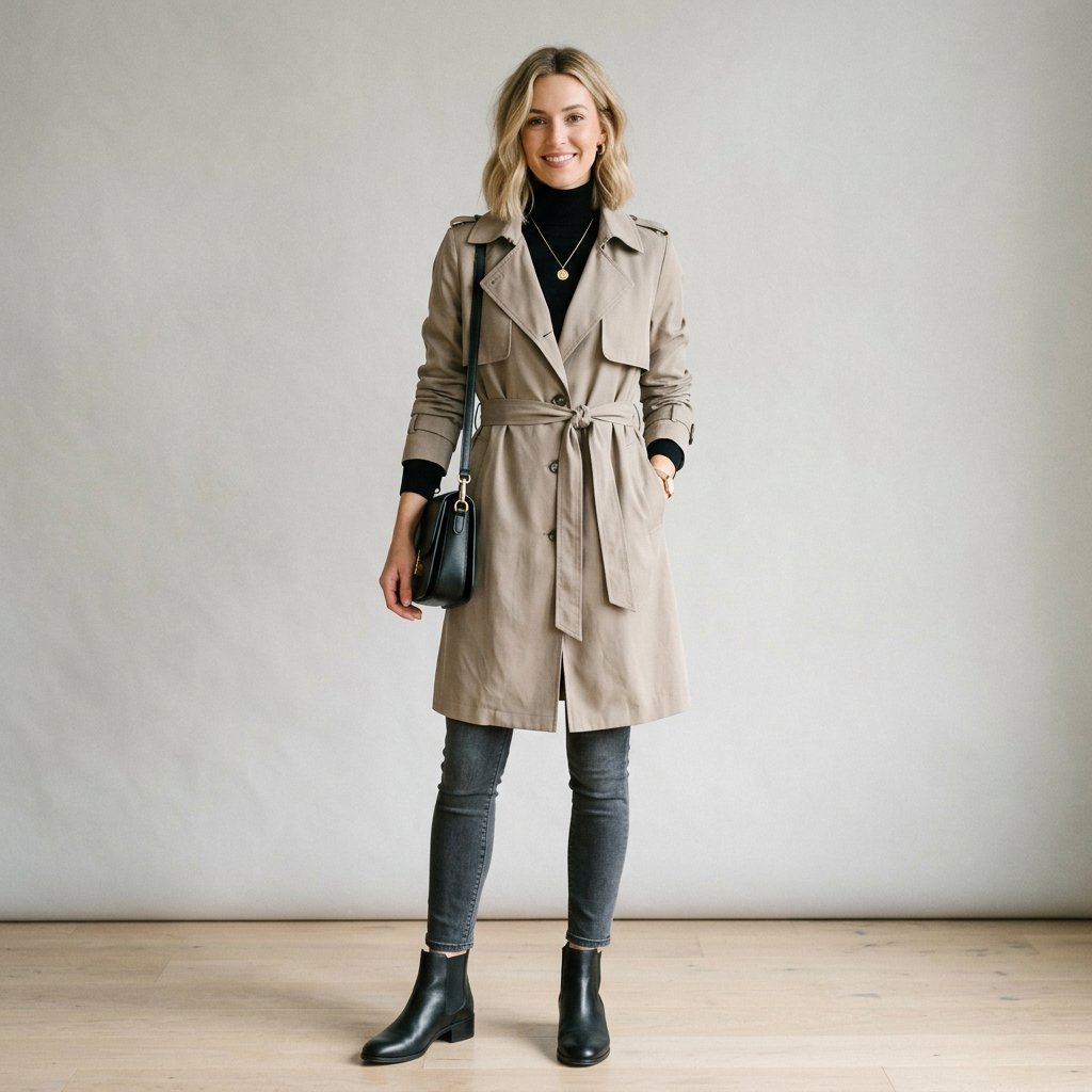 Trench outfit over slim layers 202606250219
