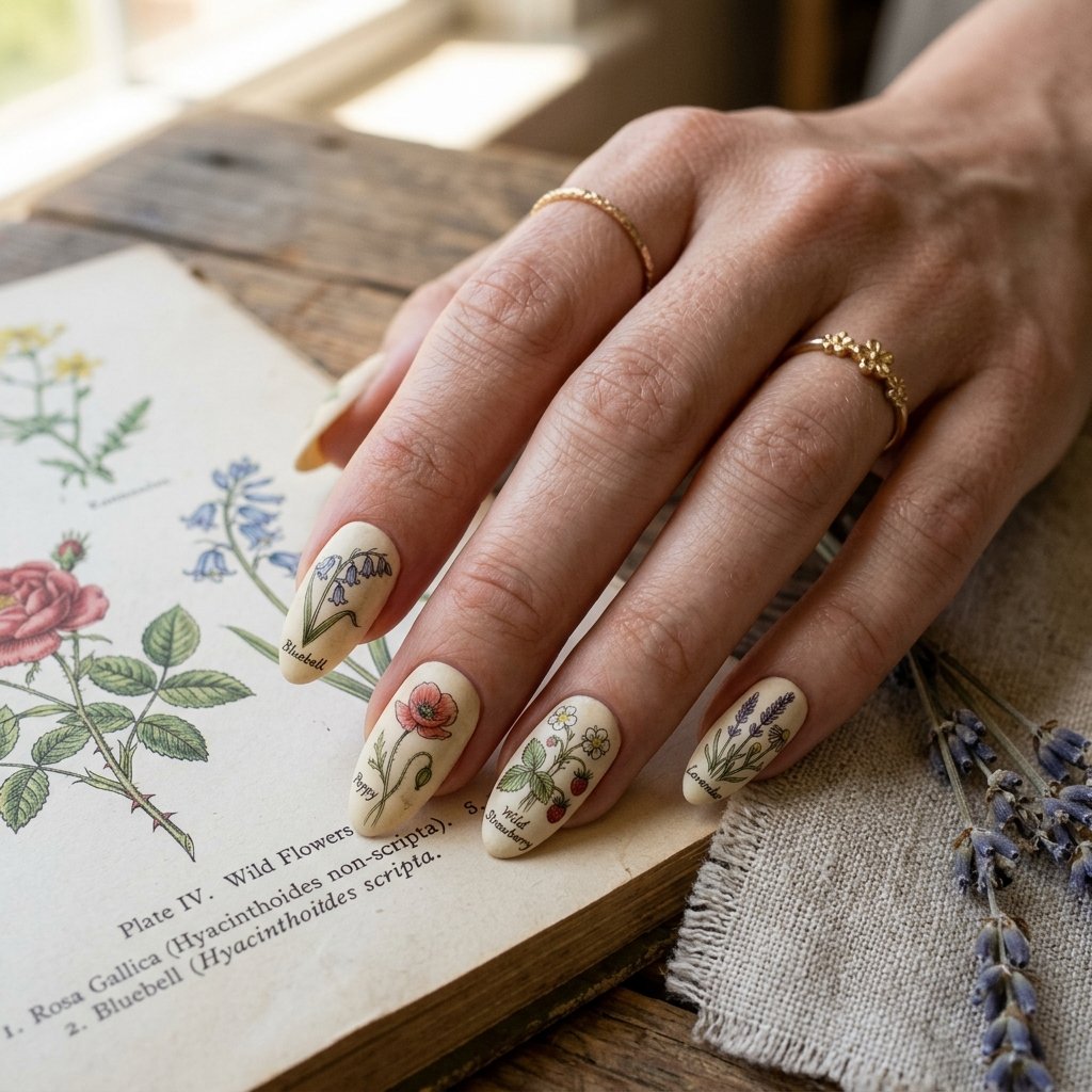Vintage Botanical Illustration Nails Inspired Detail