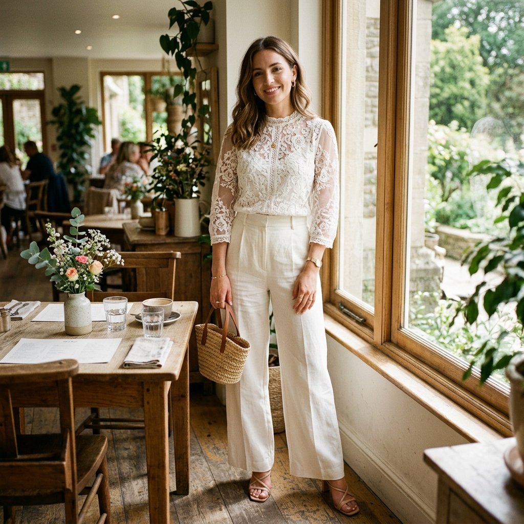 White Lace Top and Trousers Brunch Outfit Ideas