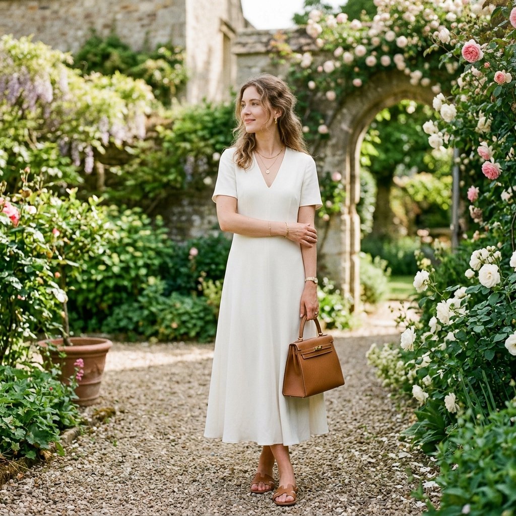 Old Money Spring Outfits Neutral Midi Dress Idea