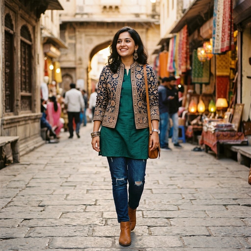 Short kurti outfit ideas with Jacket
