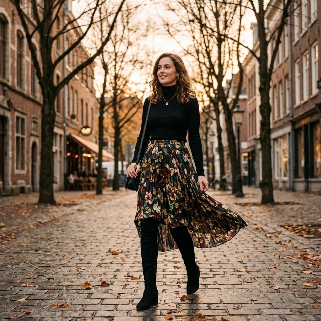 Midi Skirt with Knee-High Boots