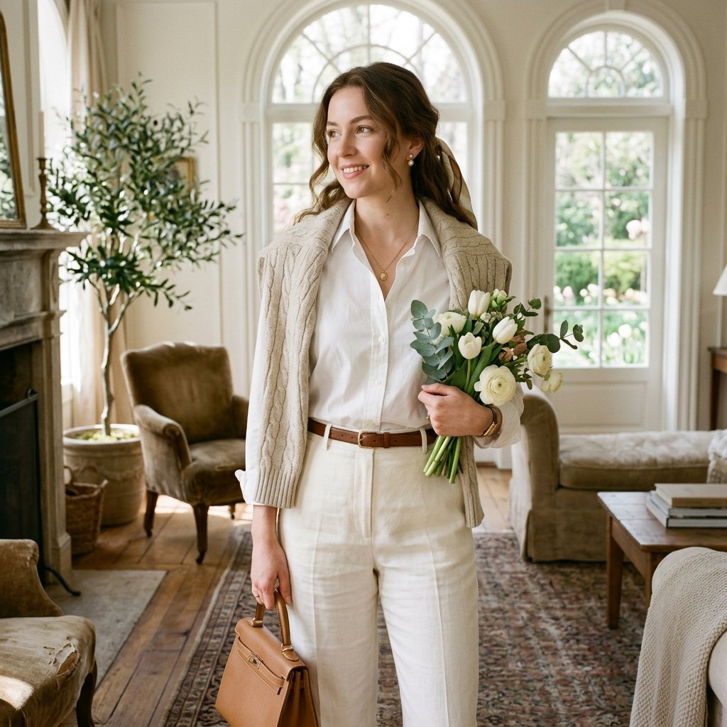 Old Money Spring Outfits Cable Knit Sweater Idea