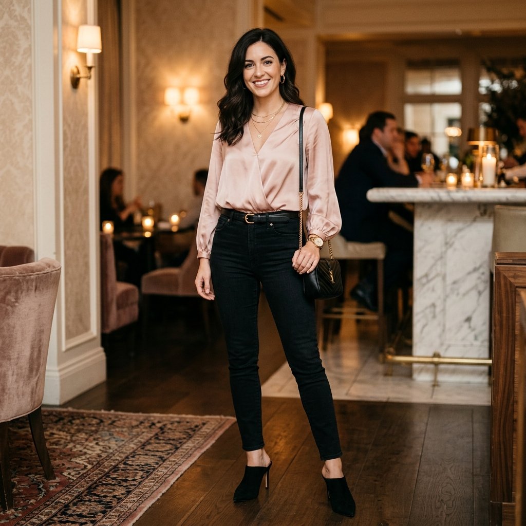Outfit Ideas Black Jeans and Silk Blouse Ideas