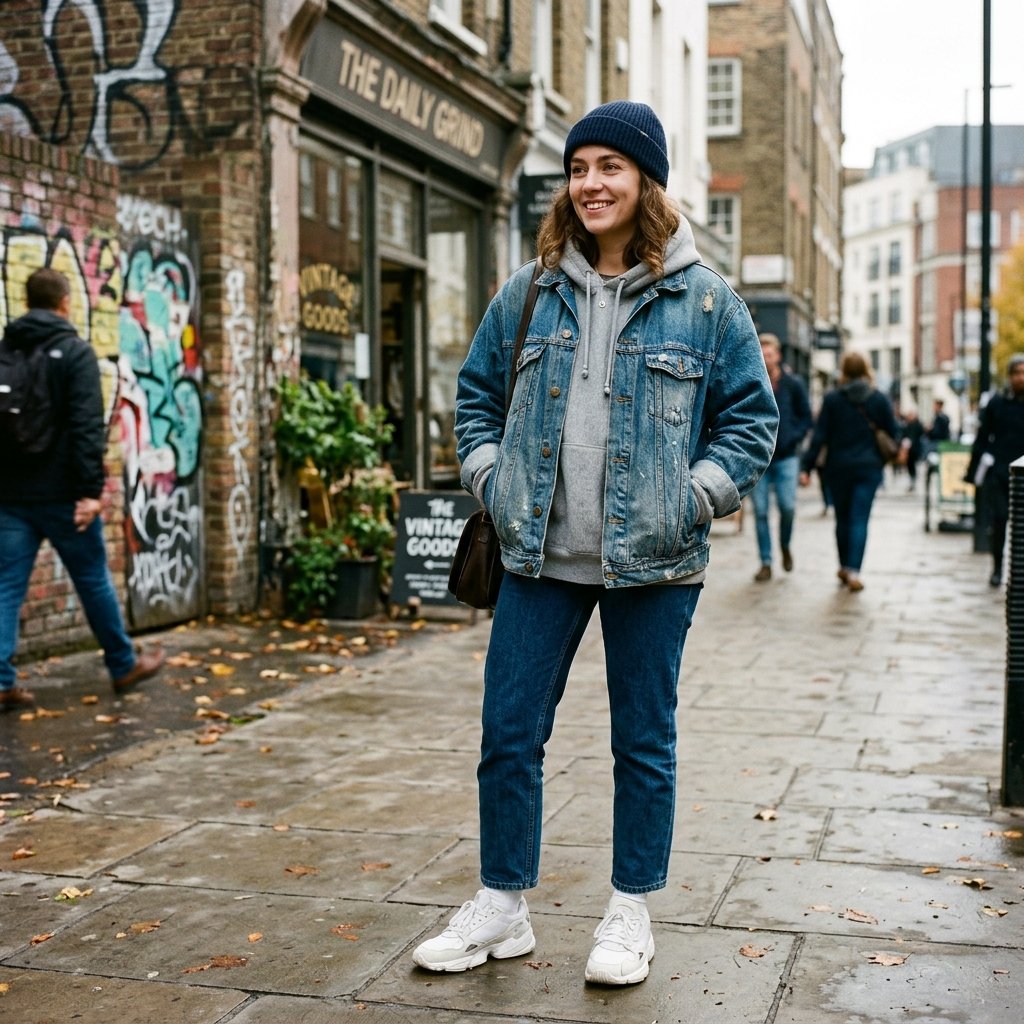 Vintage Denim Jacket Layered with Hoodie