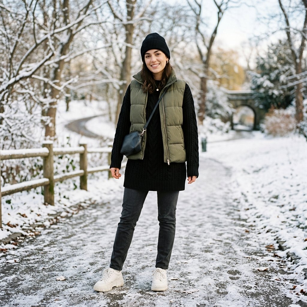 Puffer Vest Over Longline Sweater
