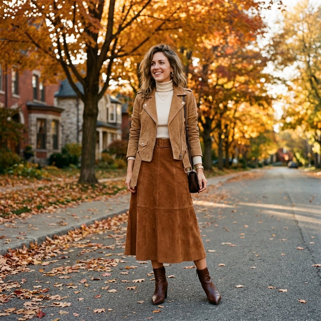 Suede Jacket and Skirt fall outfits women