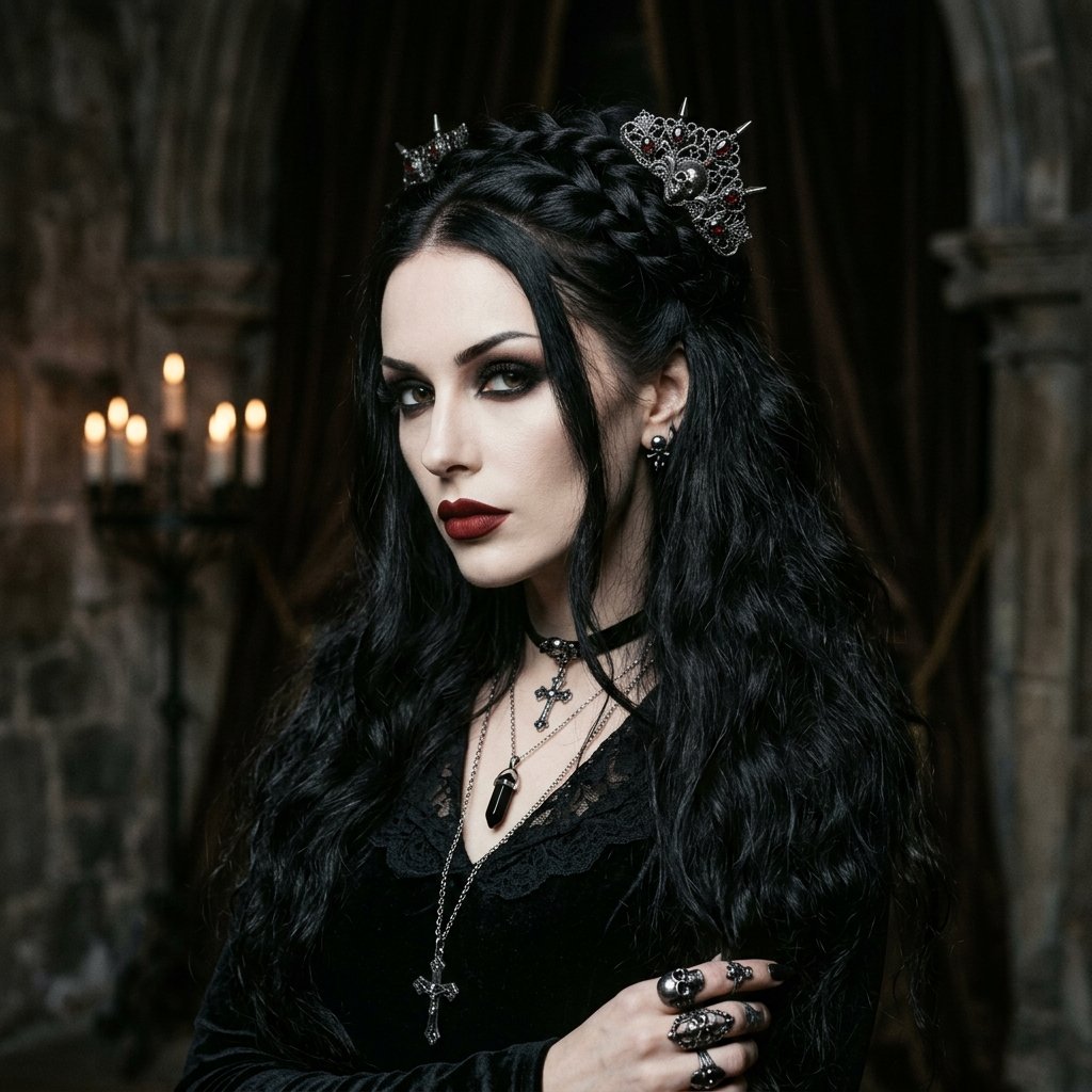 30 Goth Hairstyles Ideas: The Ultimate Guide to Dark and Dramatic Hair 13 Gothic Half Up Half Down Idea