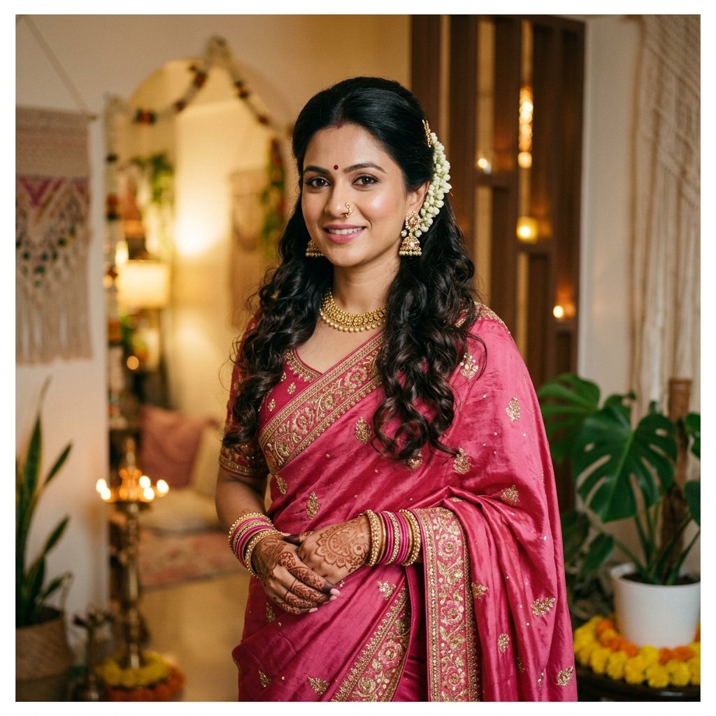 Half Up Half Down Hairstyles for Saree