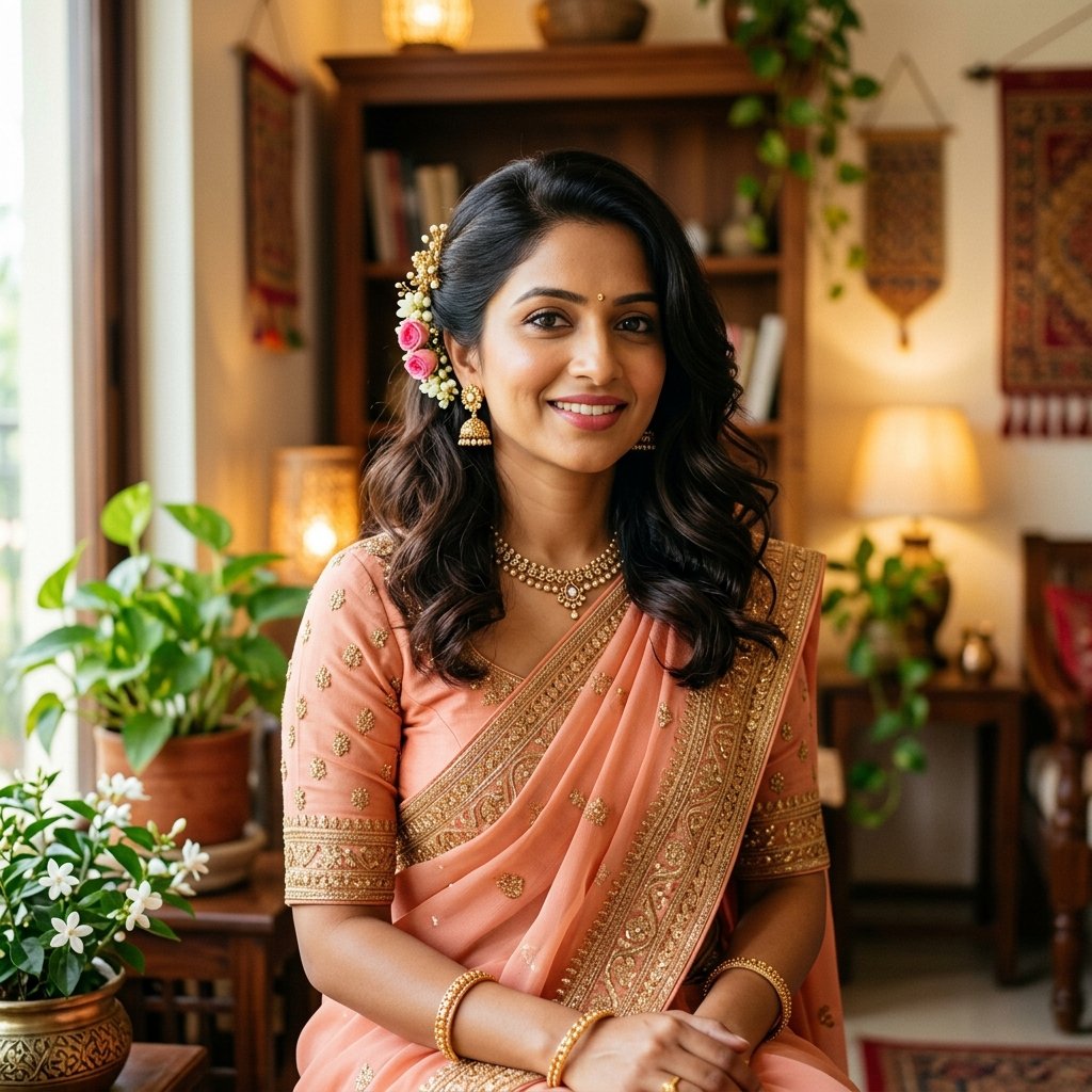 Medium Length Hair Hairstyle for Saree