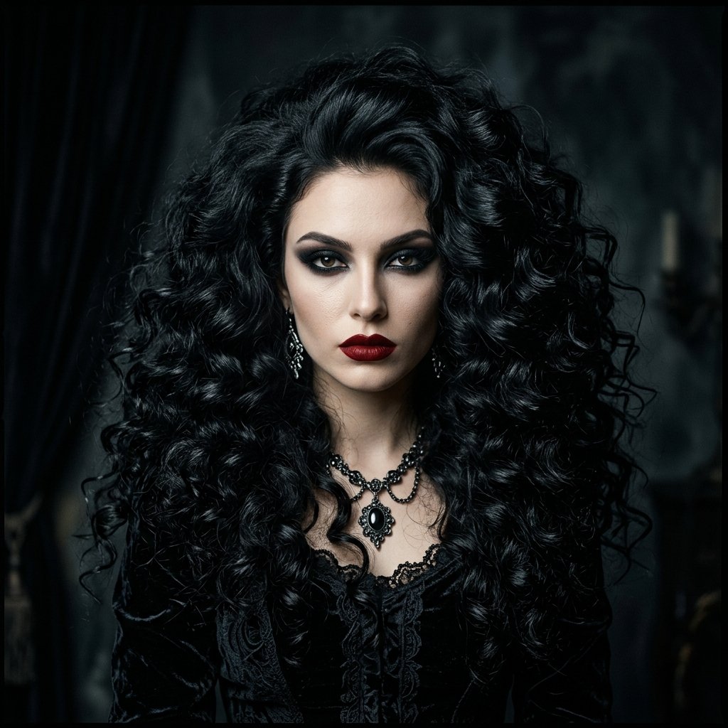 30 Goth Hairstyles Ideas: The Ultimate Guide to Dark and Dramatic Hair 2 Dark Voluminous Curls goth hairstyles Idea