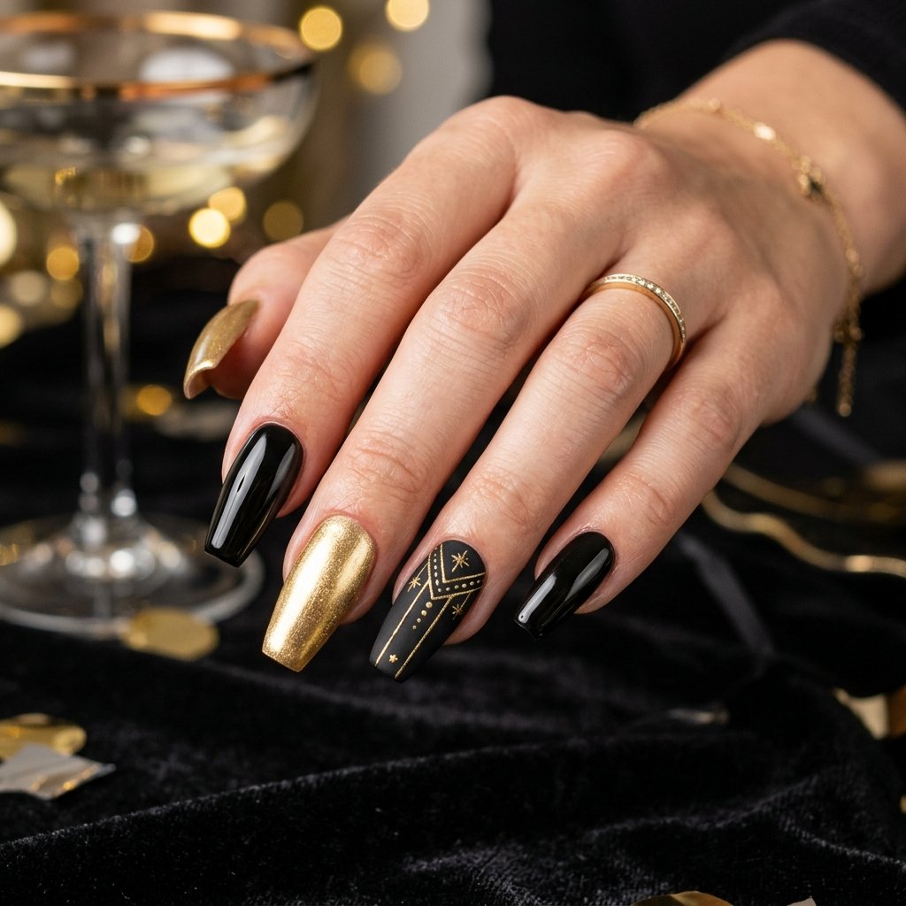 Black and Gold New Year Nails Ideas