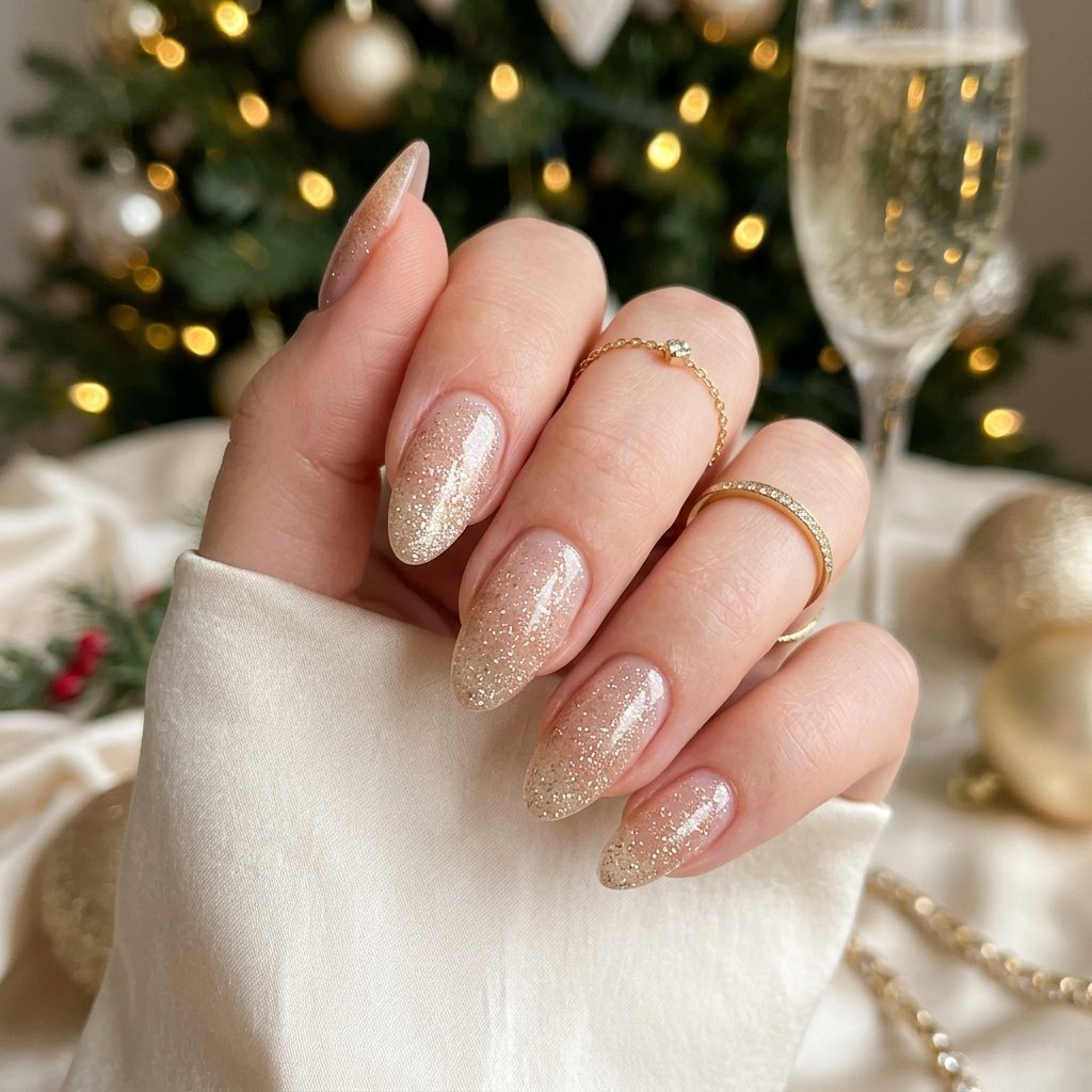 32 Christmas Nail Art Ideas That'll Steal the Holiday Spotlight 30 Champagne Glitter Nail Idea
