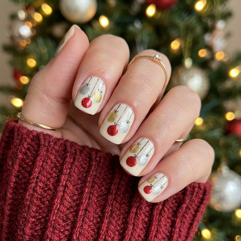 32 Christmas Nail Art Ideas That'll Steal the Holiday Spotlight 14 Christmas Ornament Nail Idea
