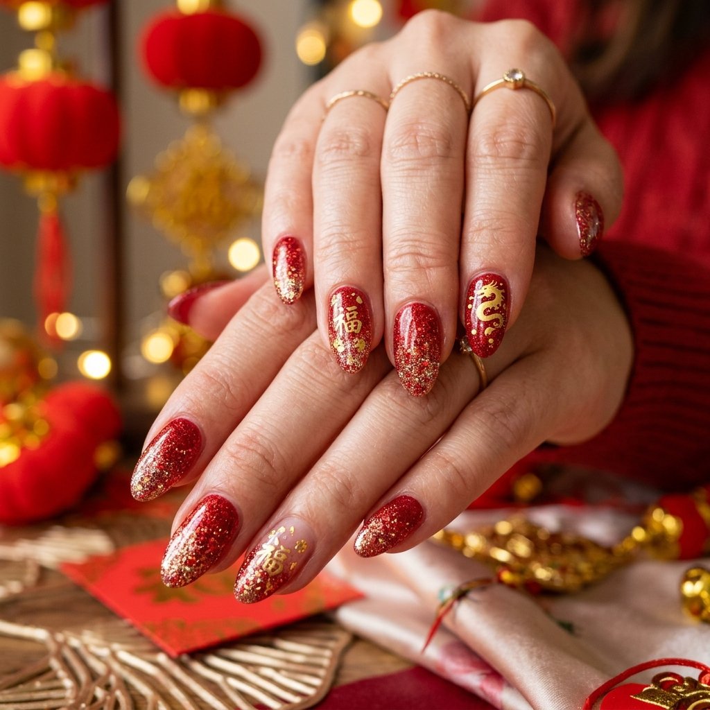 Glitter Lunar New Year Nail Ideas