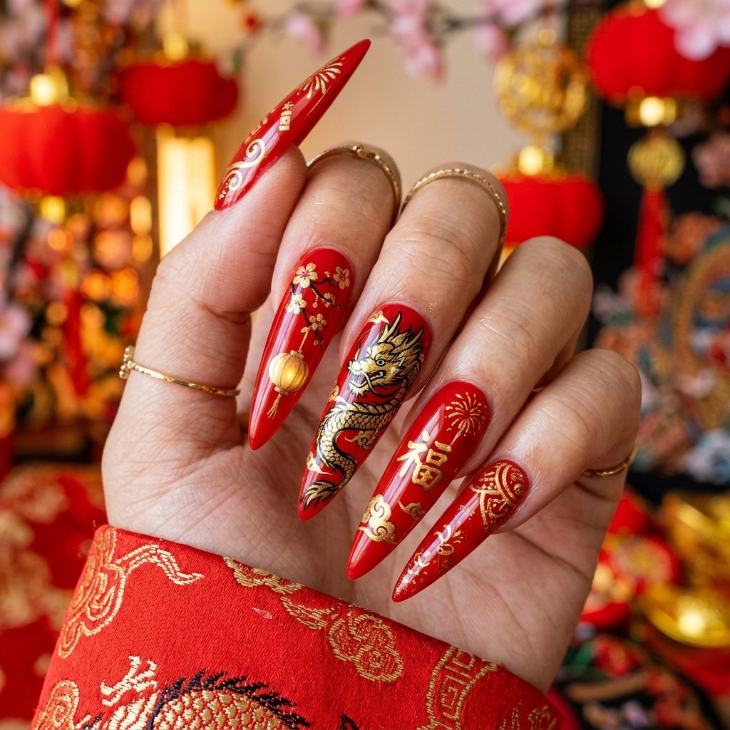 Long Acrylic Lunar New Year Nail Ideas