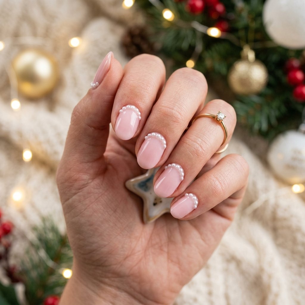 Pearl Accent Christmas Nails Ideas