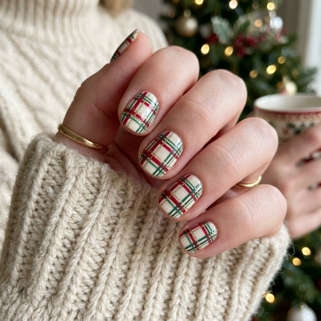 32 Christmas Nail Art Ideas That'll Steal the Holiday Spotlight 17 Plaid Pattern Nail Idea