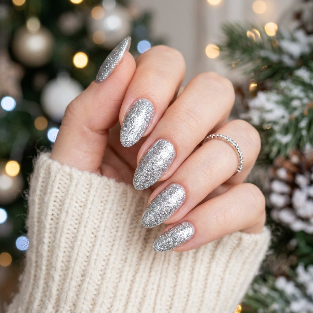 32 Christmas Nail Art Ideas That'll Steal the Holiday Spotlight 13 Silver Sparkle Nail Idea