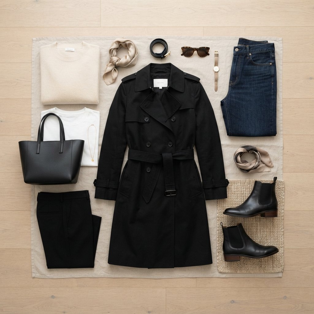 Capsule Wardrobe Black Trench Coat Outfit Ideas