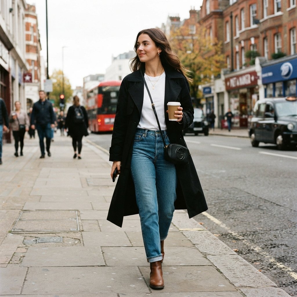 Black Trench Coat Outfit and Denim Ideas