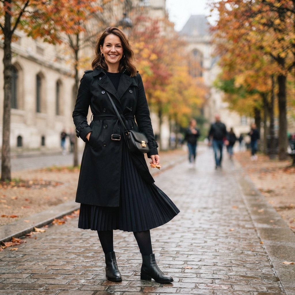 Black Trench Coat and Skirt Outfit Ideas