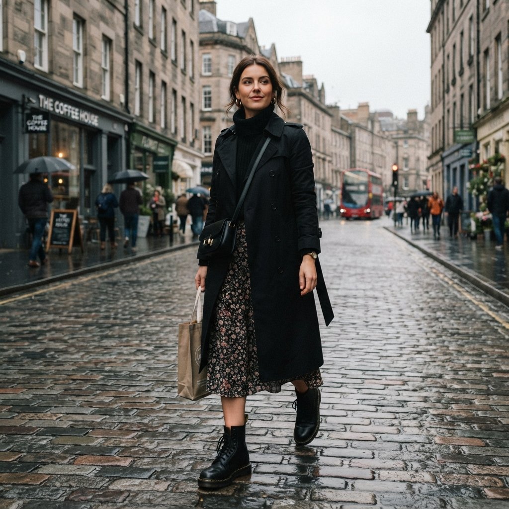 Black Trench Coat Outfit and Boots Ideas
