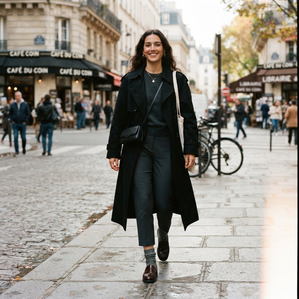 Black Trench Coat and Loafers Outfit Ideas