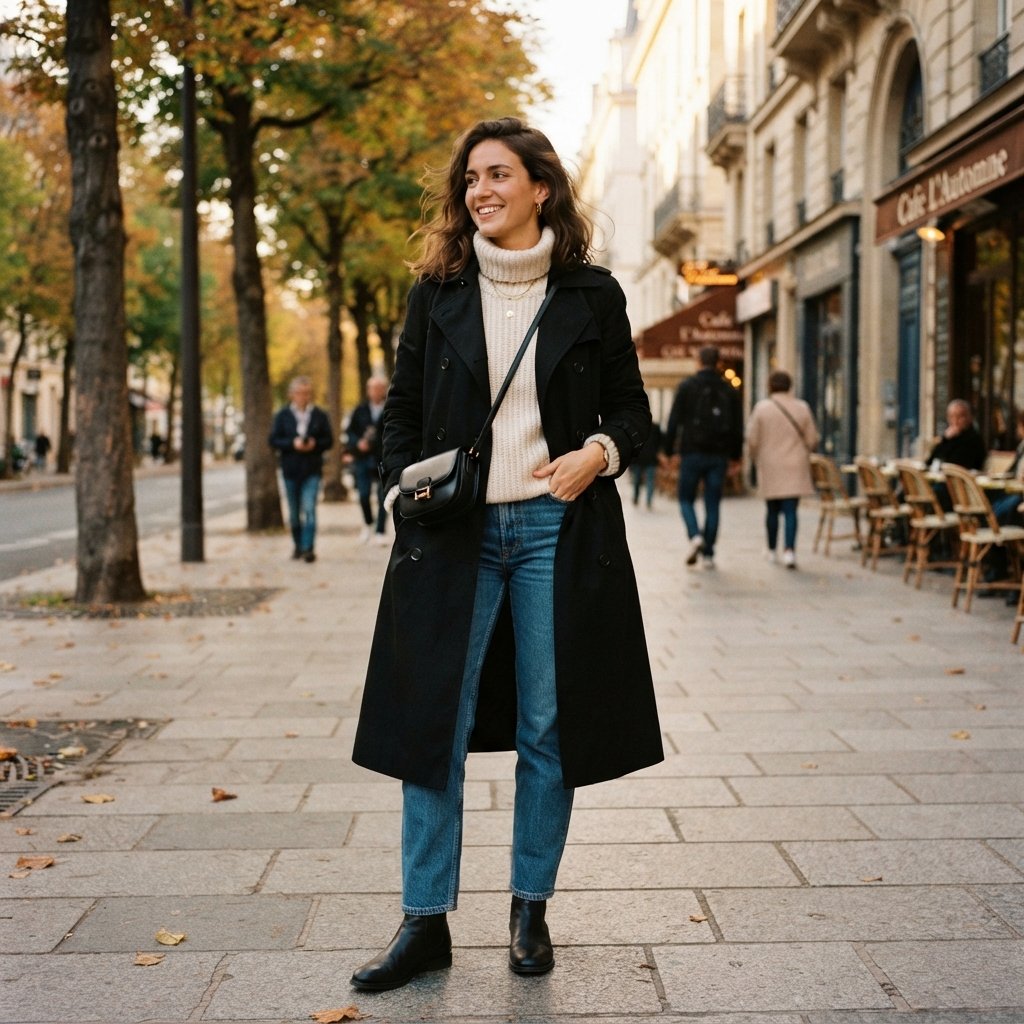 Black Trench Coat and Sweater Outfit Ideas