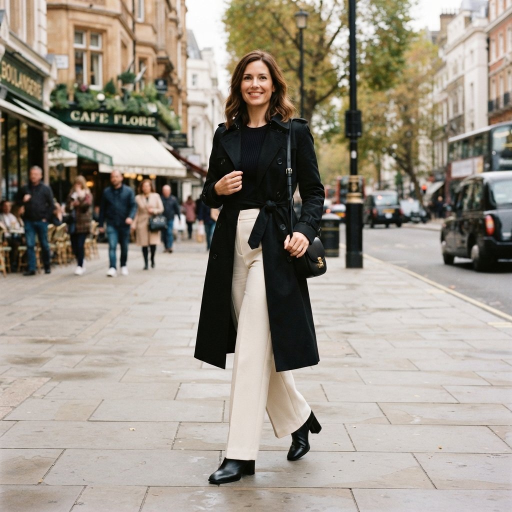 Black Trench Coat and Wide Leg Trousers Outfit Ideas