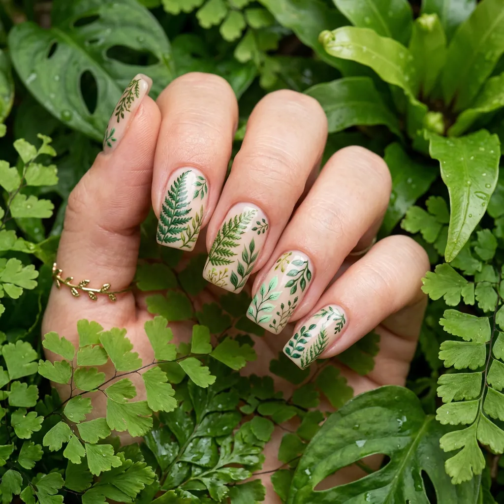 Nails Green Ideas: 30 Creative Looks to Inspire Your Next Manicure 13 Nails Green Botanical Leaf Print Ideas