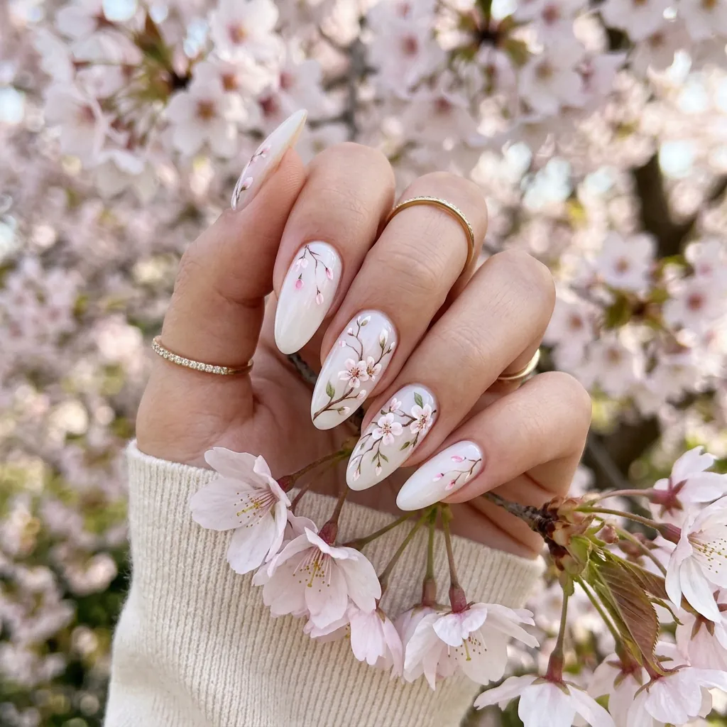 Classy Spring Nails With Cherry Blossom Art