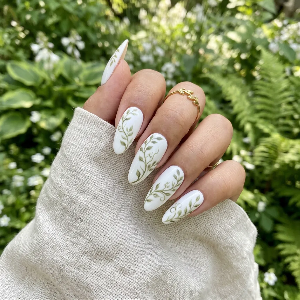 Classy Spring Nails With Vine and Leaf Art