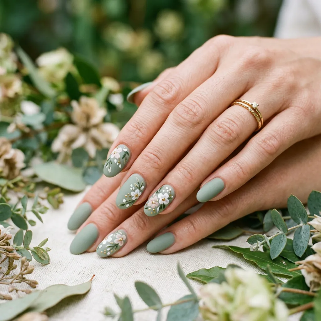Sage Green Floral Nail Ideas