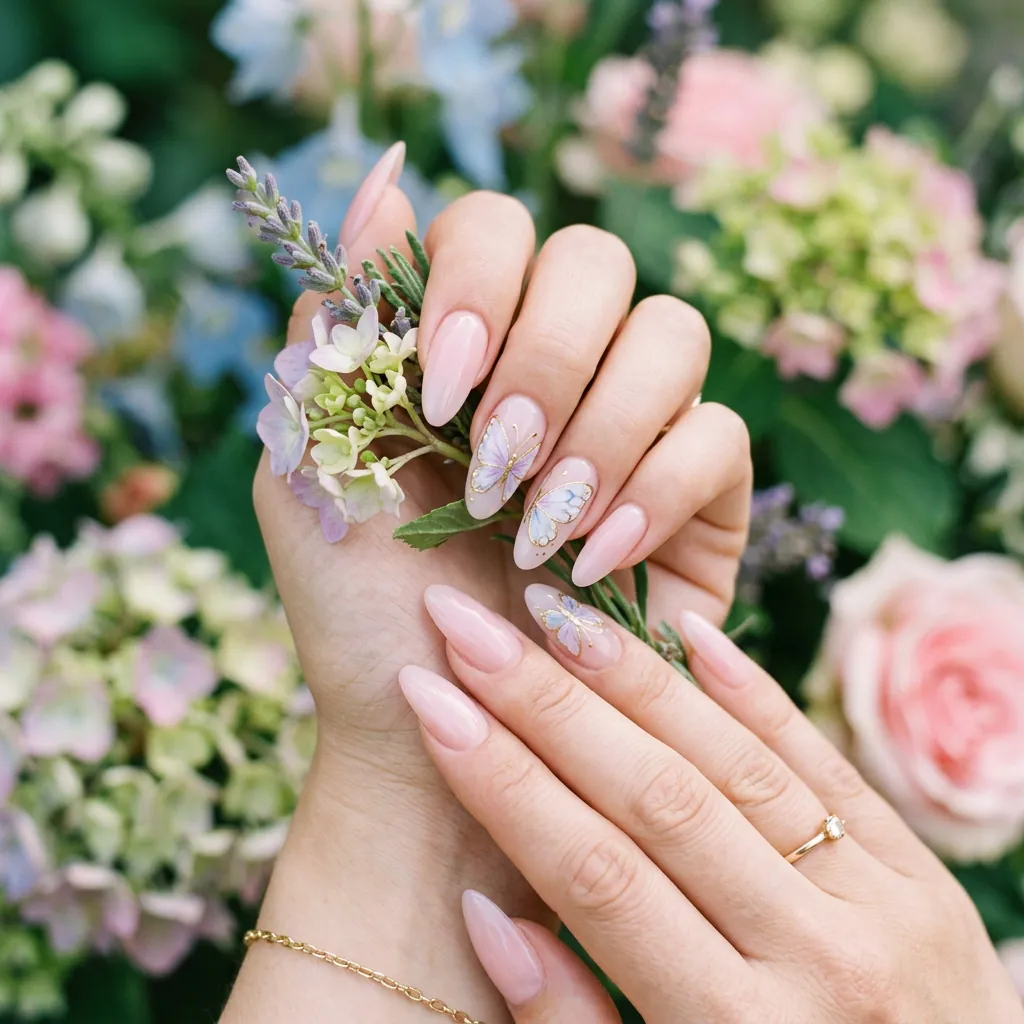 Classy Spring Nails With Butterfly Accents