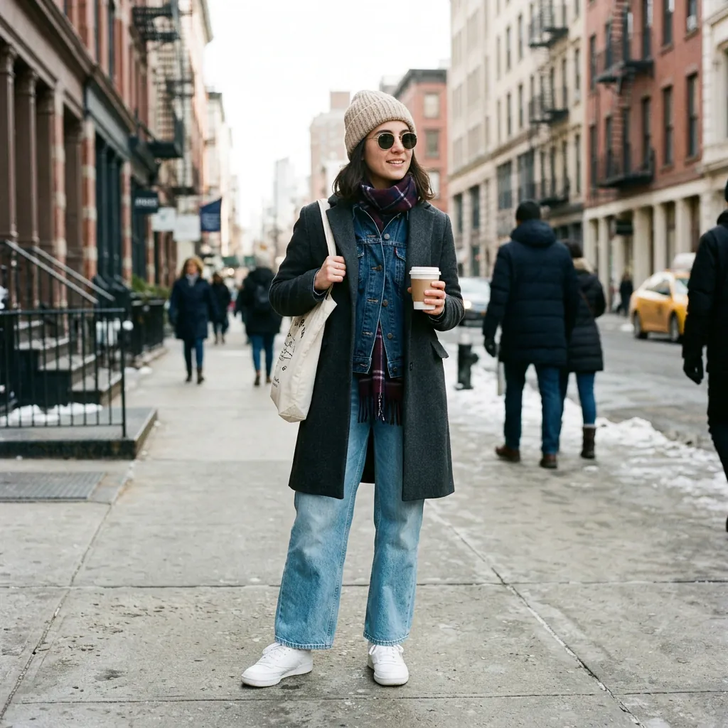 30 NYC Winter Outfits Ideas: Trendy Looks for the Cold Season 30 Denim on Denim Winter Layer Combination