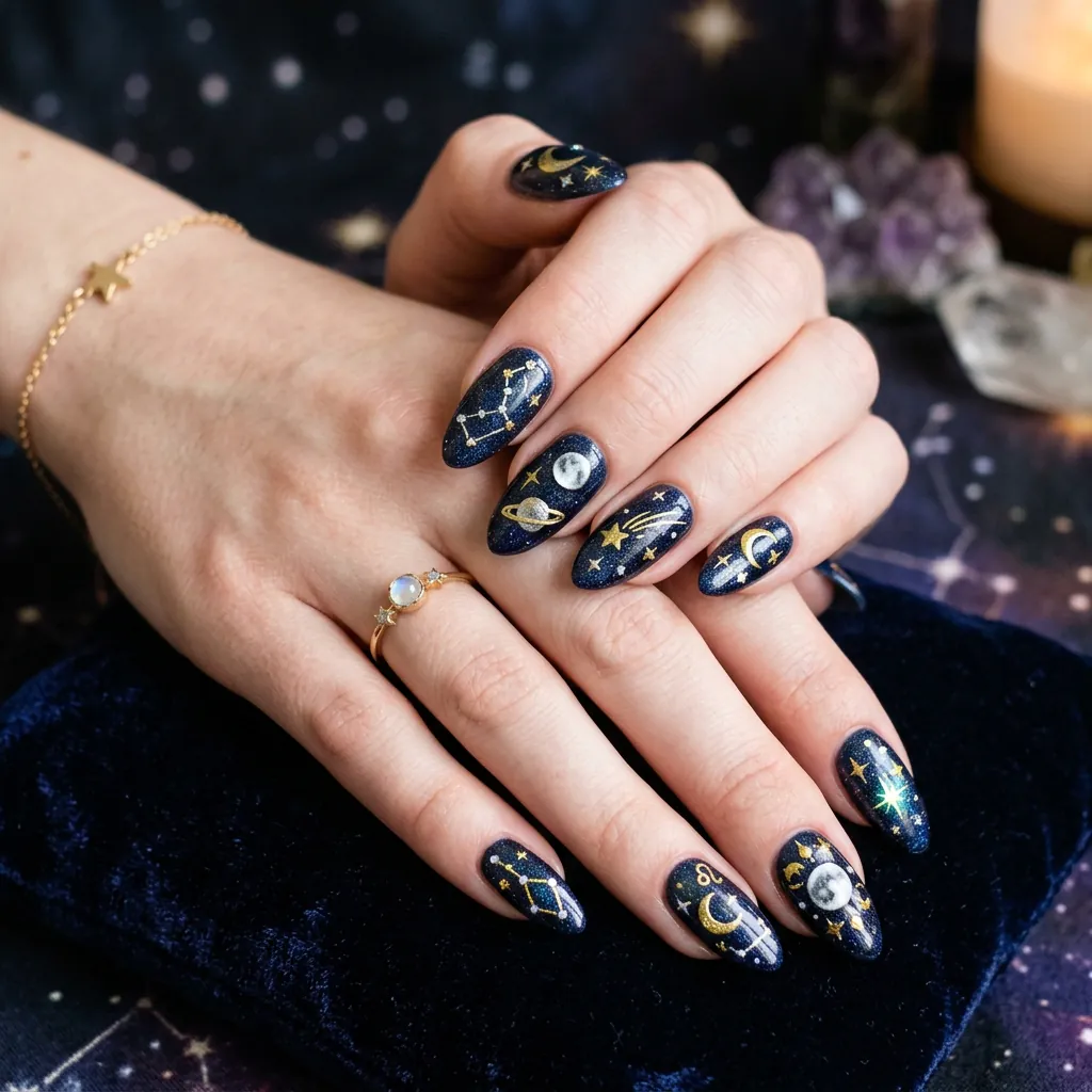 Celestial Moon and Stars Nails Inspired Theme