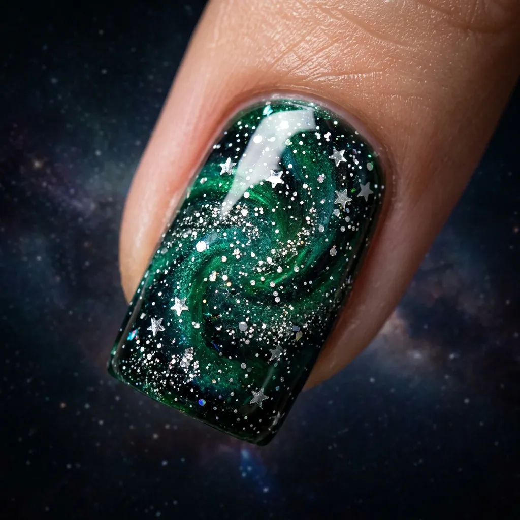 Nails Green Ideas: 30 Creative Looks to Inspire Your Next Manicure 28 Nails Green Galaxy and Space Theme Ideas