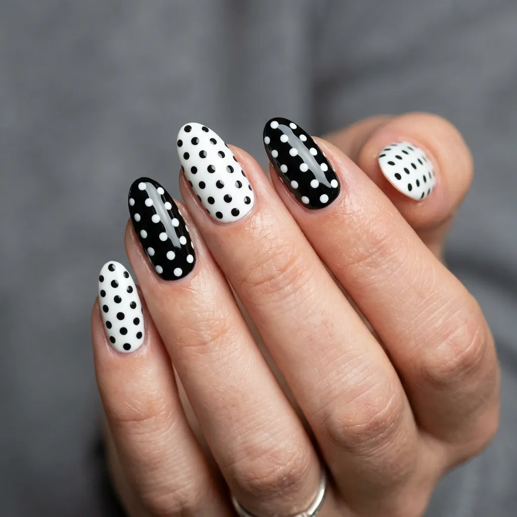 Monochrome Black and White Dot Nails