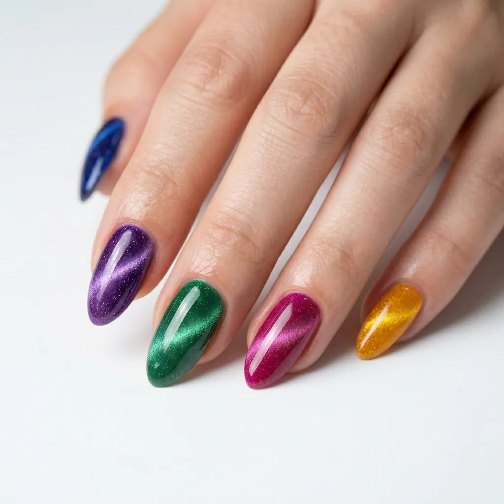 30 Nails Cat Eye Ideas:Stunning Looks To Try. 21 Multicolor nails cat eye