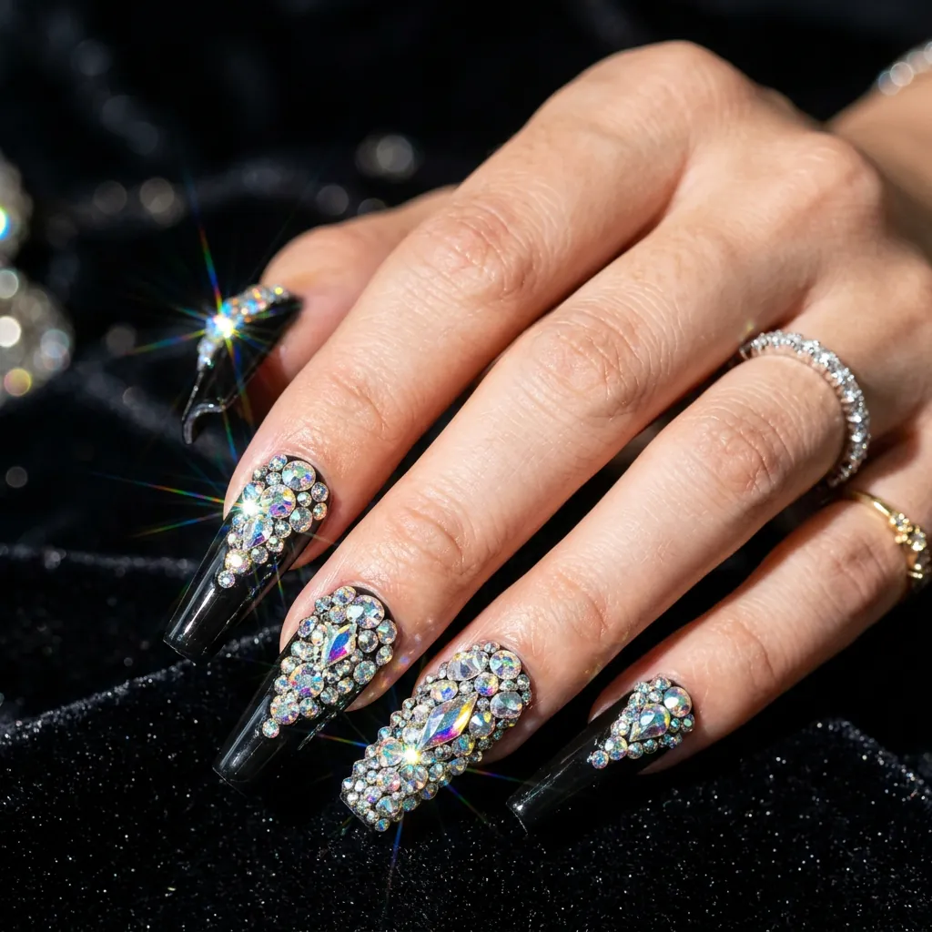 Rhinestone Layered Nails 3D Ideas