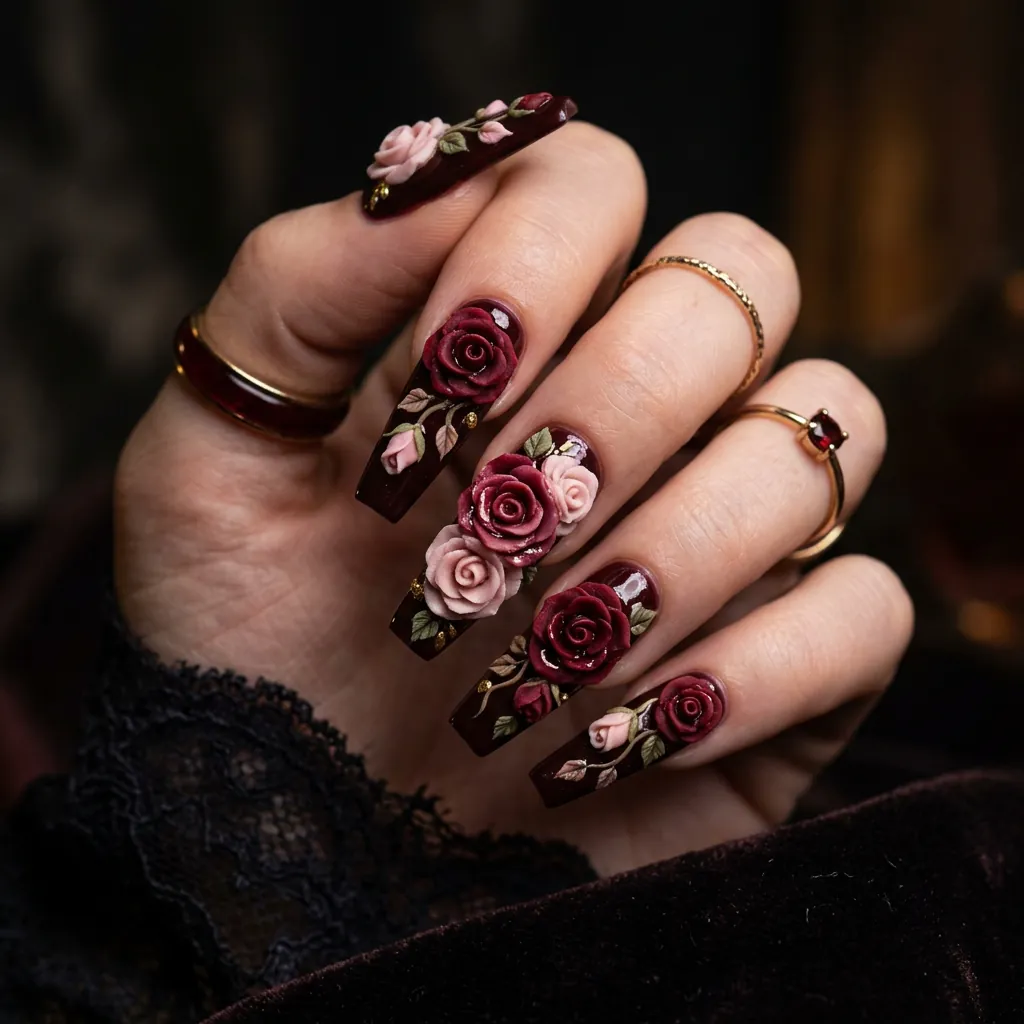 Rose Sculpted Nails 3D Ideas