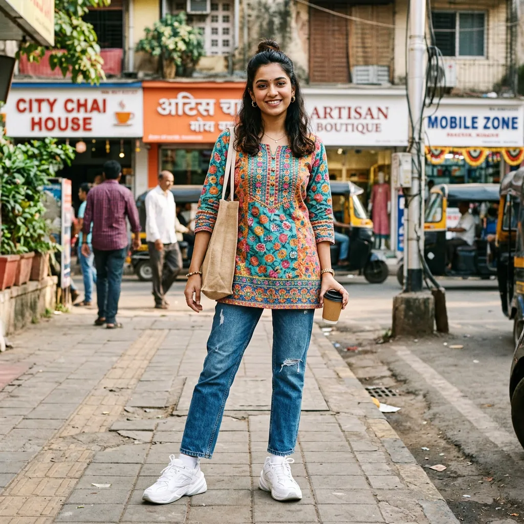 30 Short Kurti Outfit Ideas That Will Transform Your Ethnic Wardrobe 23 Short kurti outfit ideas with Sneakers