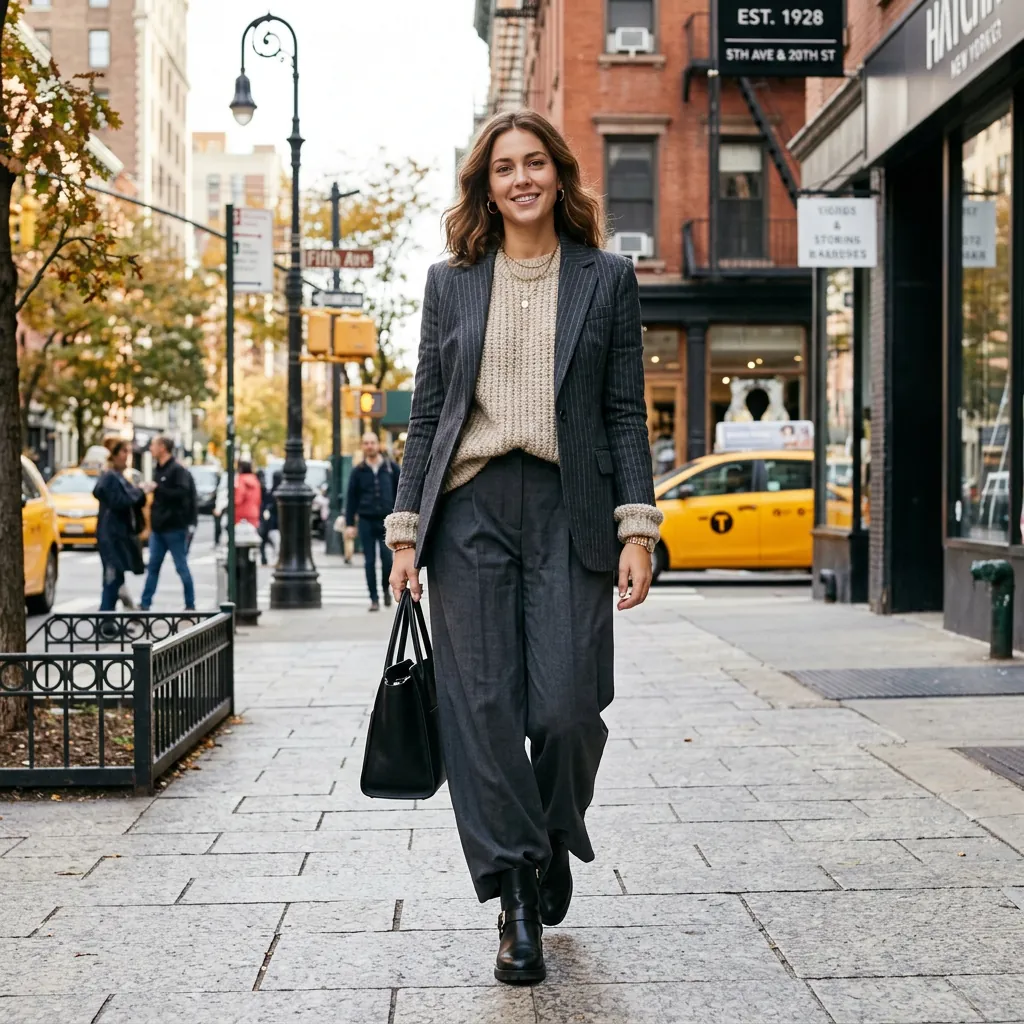 30 NYC Winter Outfits Ideas: Trendy Looks for the Cold Season 21 Tailored Blazer Over Chunky Knit Look